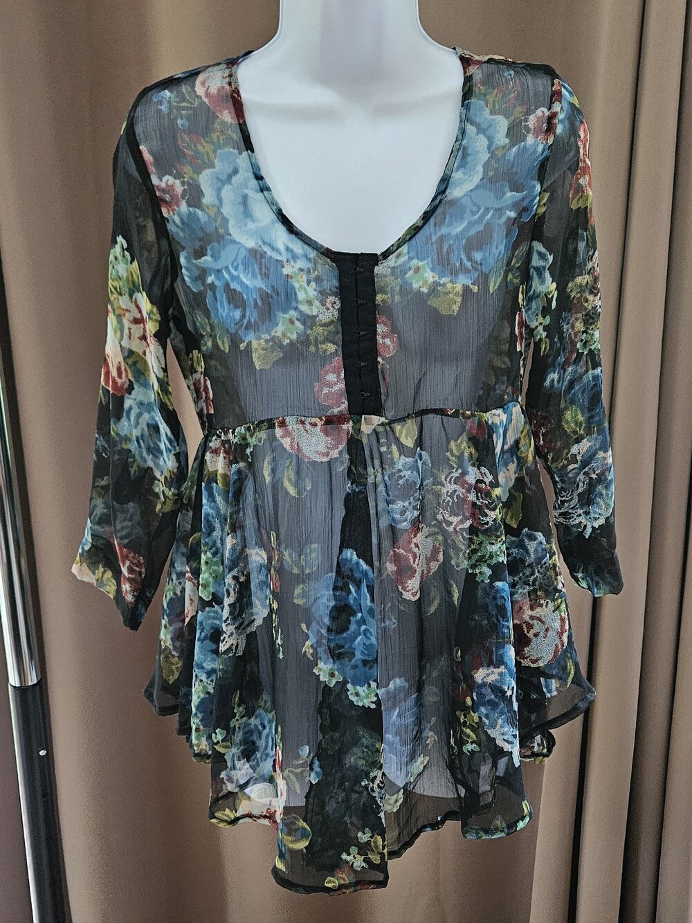 American Rag Sheer Floral Blouse Tunic Black Blue Scoop Neck